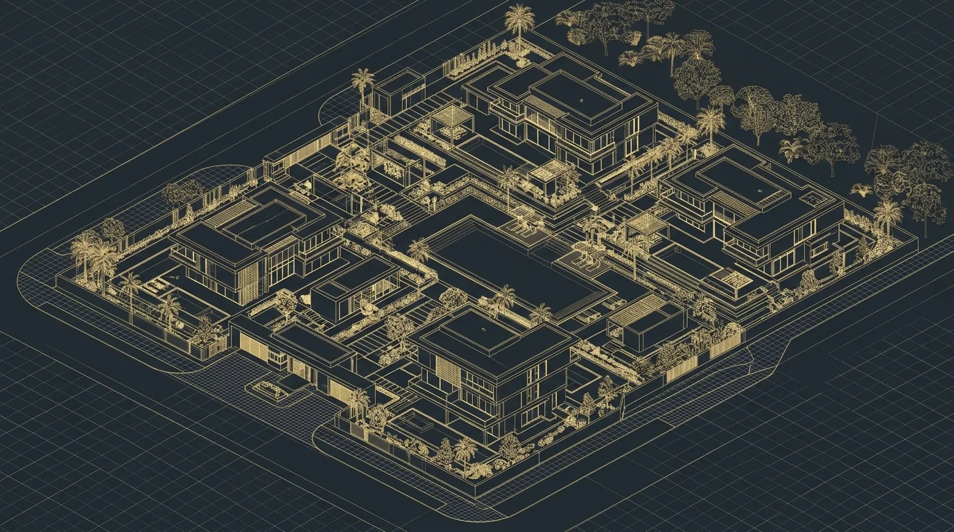 Architectural CAD wireframes and blueprints of luxury residential villa compound